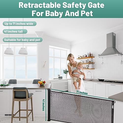 Grey Retractable Mesh Baby Gate, 41" Extra Tall, 55" Wide E1158