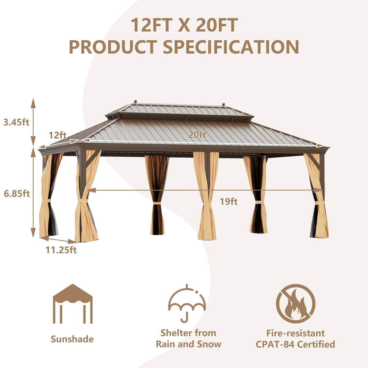 12'x20' Hardtop Aluminum Double Roof Gazebo with Netting and Curtains T76275