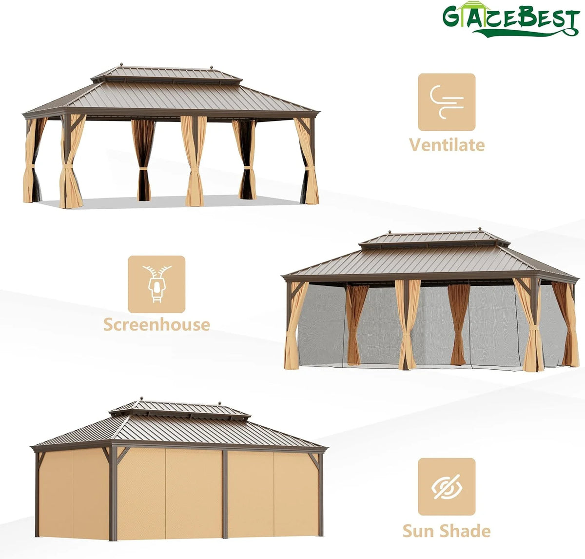 12'x20' Hardtop Aluminum Double Roof Gazebo with Netting and Curtains T76275