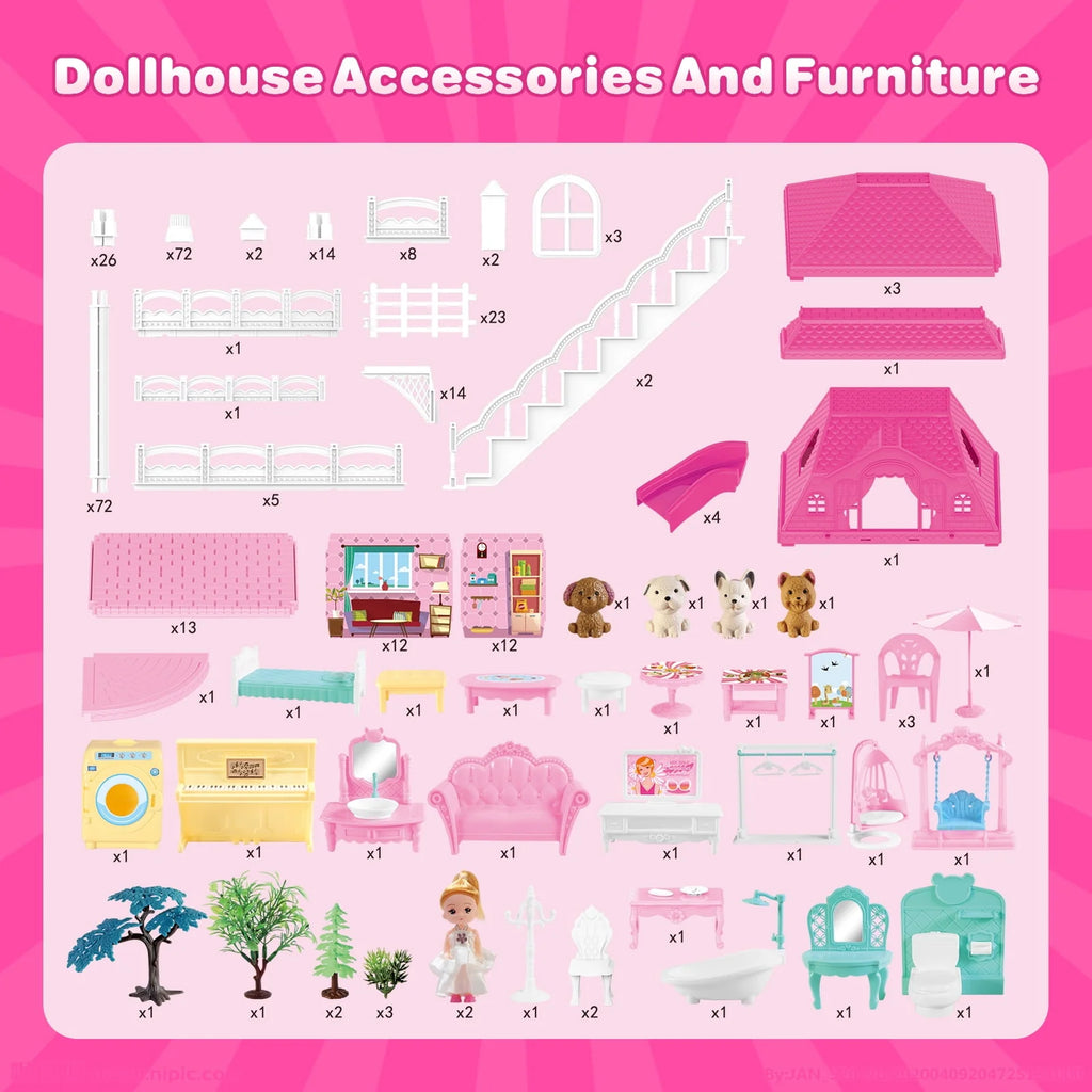 4-Story 12 Rooms Dollhouse with 2 Dolls F4197