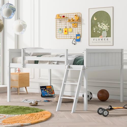 Gray Full Size Low Loft Bed with Safety Guardrail T8743