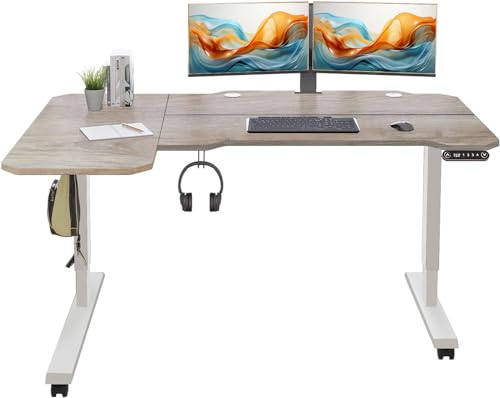 Rustic Brown 59 Inch L-Shaped Electric Sit-Stand Computer Desk with 3 Splice Boards A2601