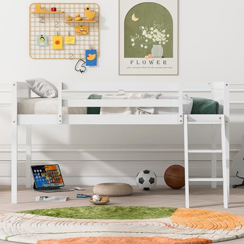 Gray Full Size Low Loft Bed with Safety Guardrail T8743