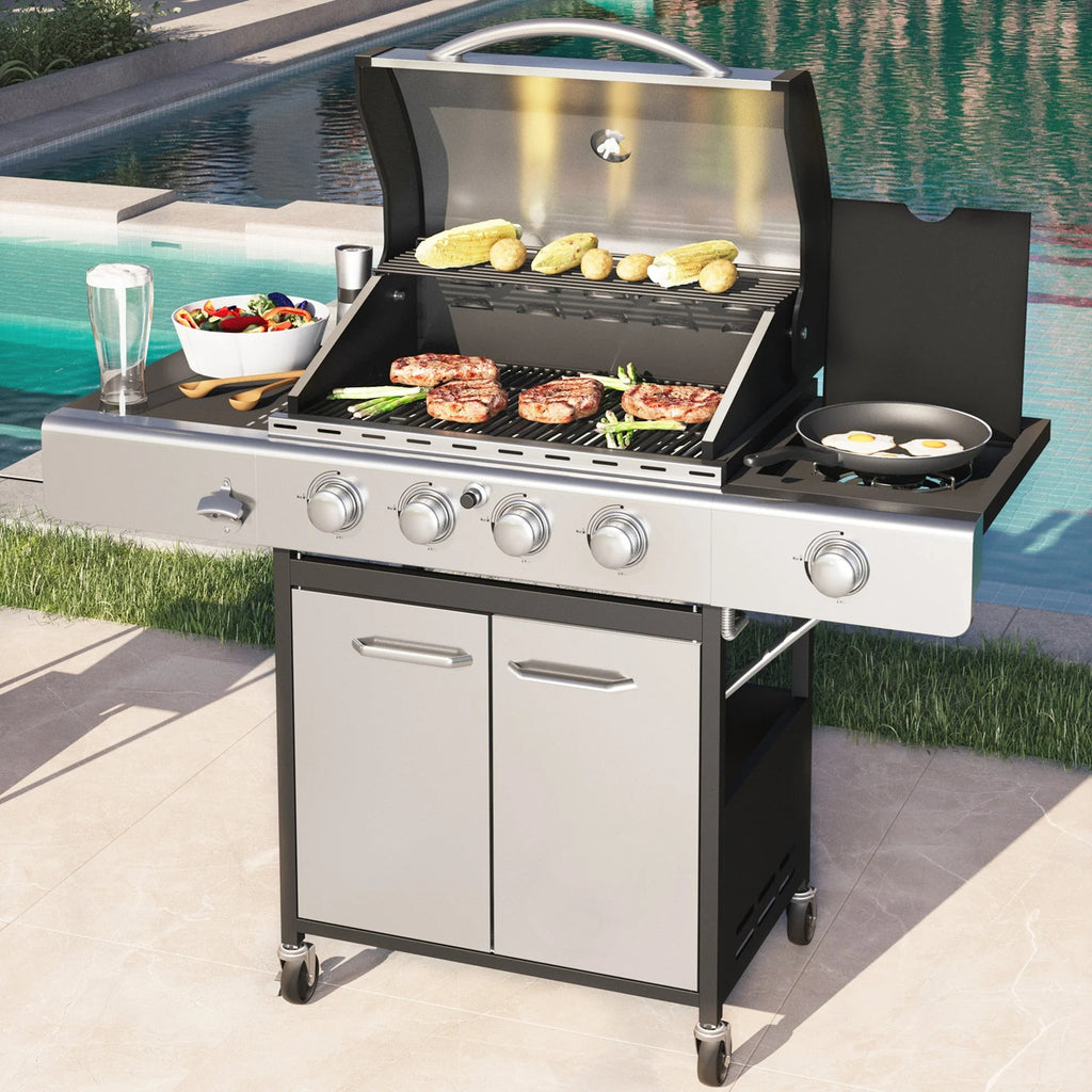 Stainless Steel Portable 4-Burner Propane Gas Grill with Side Burner R321322