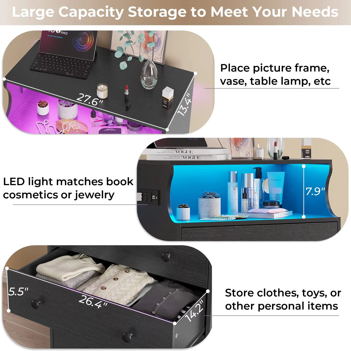 Black 4 Drawer Dresser with LED Lights and Charging Station A5438