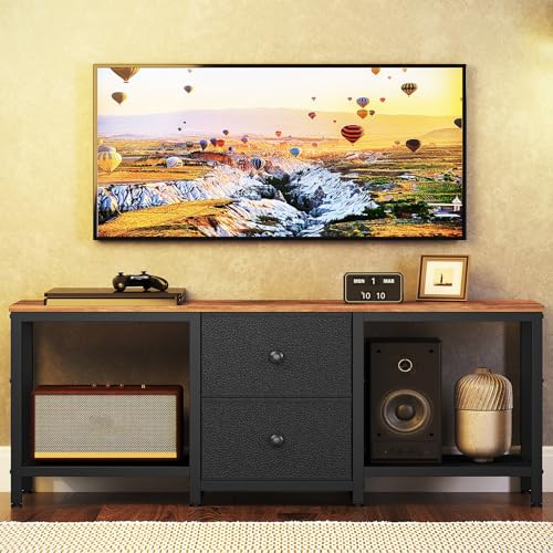 Rustic Brown and Black TV Stand with 2 Fabric Drawer F631655