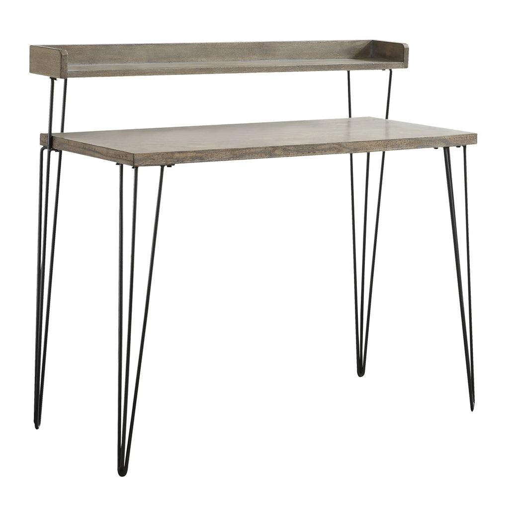 2 Tier Brown Fir Wood and Metal Desk O334