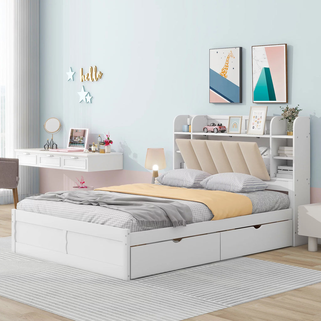 White Wood Queen Size Platform Bed with Storage Headboard and Four Drawers H902534