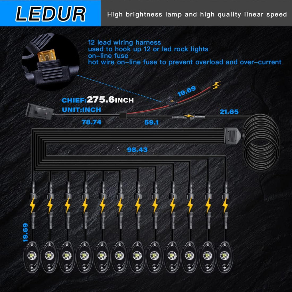 White 12Pods LED Rock Lights Kit with Switch Wire Harness U758