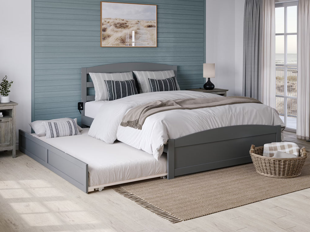 Grey Full Wood Platform Bed with Twin Trundle I25220
