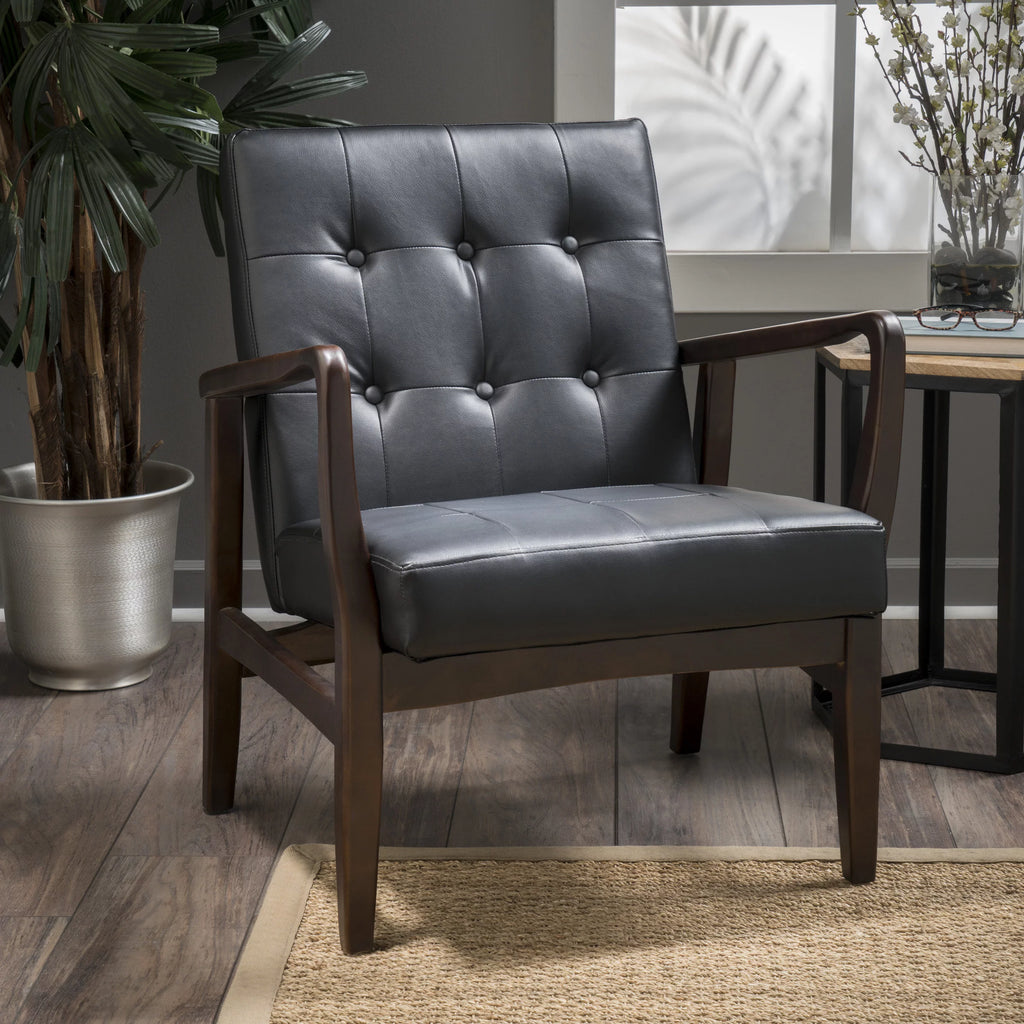 Mid Century Modern Faux Leather Club Chair with Wood Frame Y9102