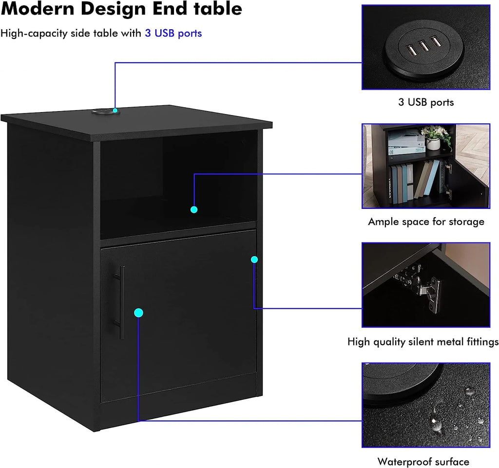 Black Nightstand with Storage and 3 USB Ports S3089
