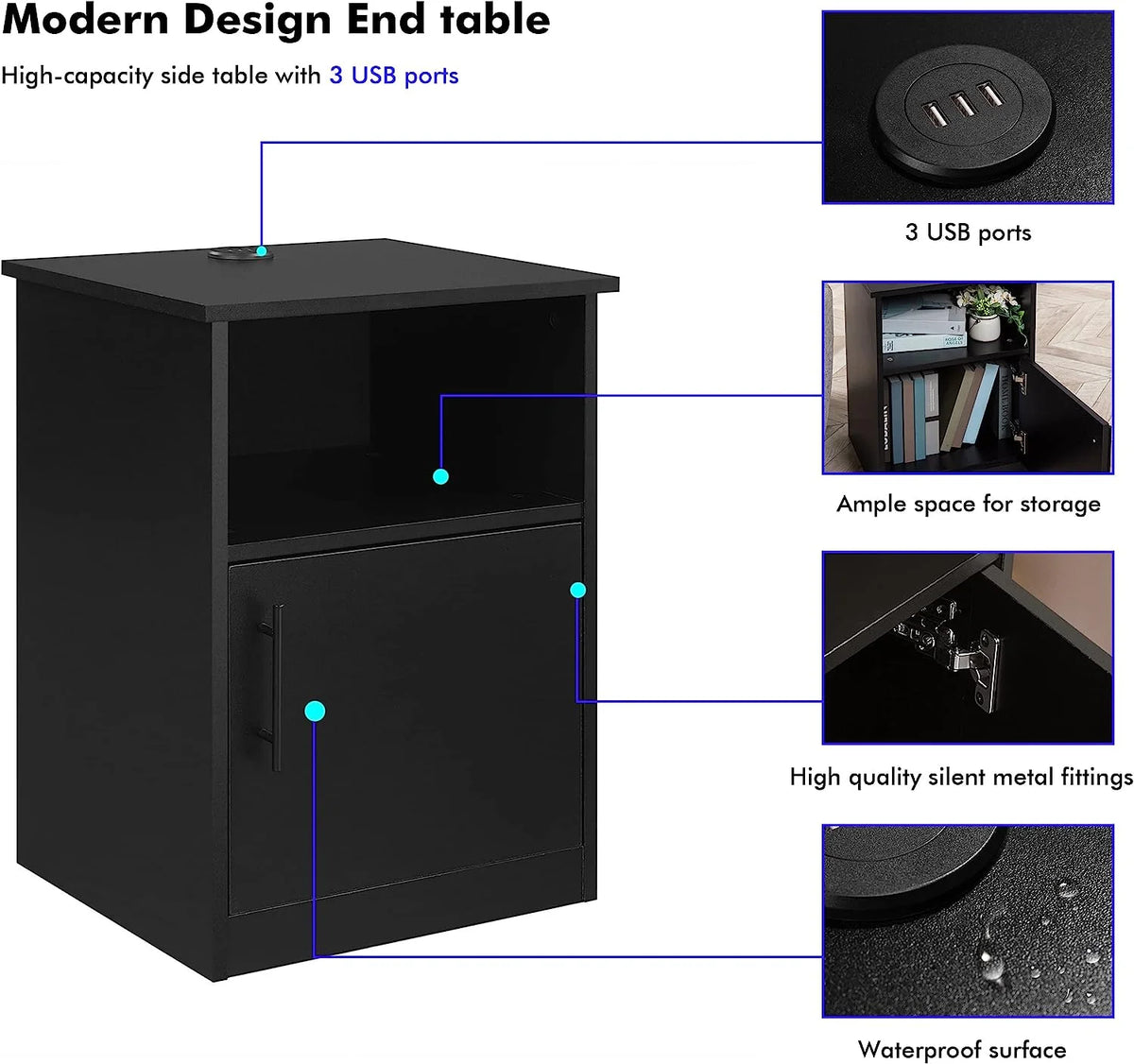 Black Nightstand with Storage and 3 USB Ports S3089