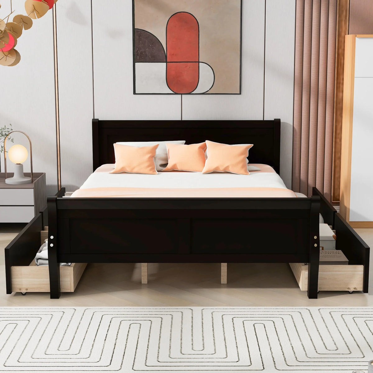 Queen Size Wood Platform Bed with 4 Drawers V9250