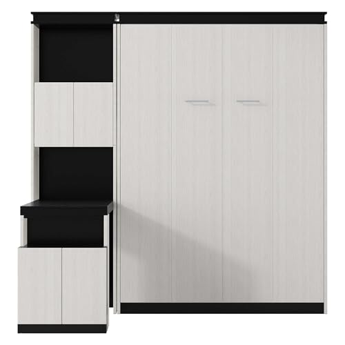 White Wood Full Murphy Bed with Desk and Storage Shelves K699845