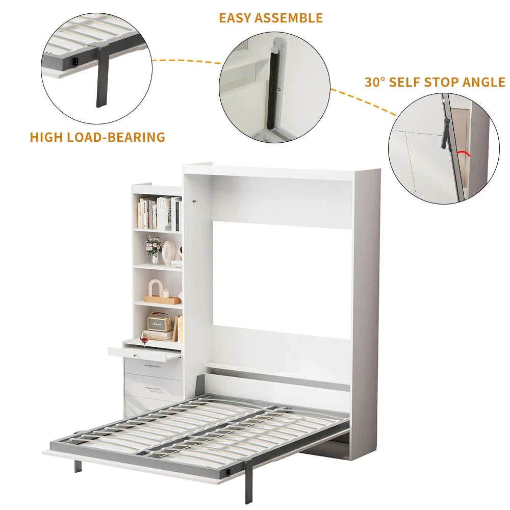 White Full Size Vertical Murphy Bed with Shelf and Drawers D11768