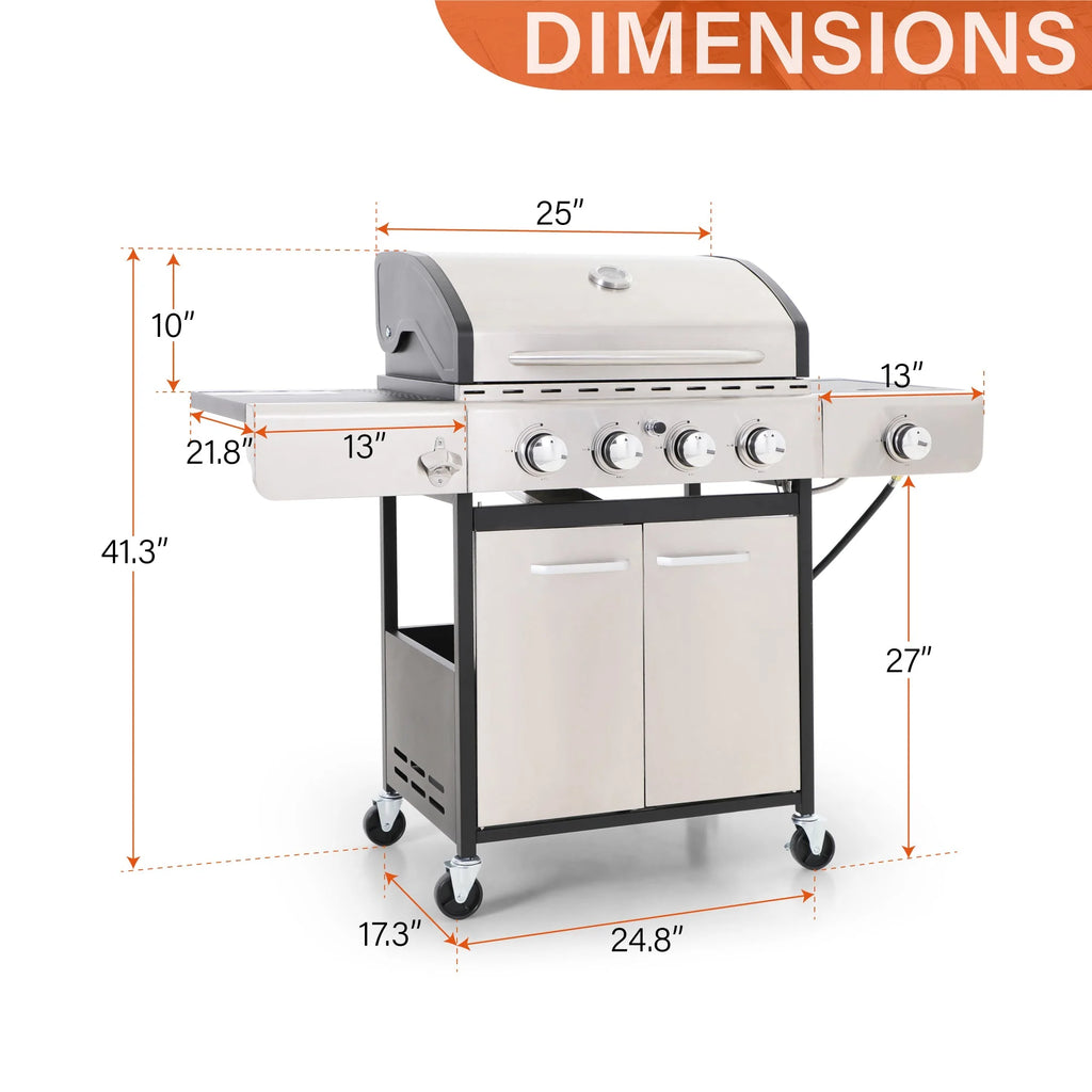 Stainless Steel Portable 4-Burner Propane Gas Grill with Side Burner R321322