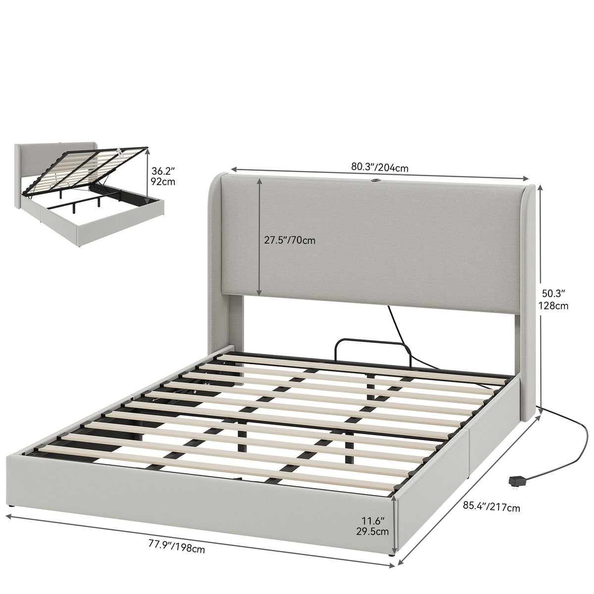 King Size Lift-Up Storage Bed with Charging Station and Wingback Headboard P30205