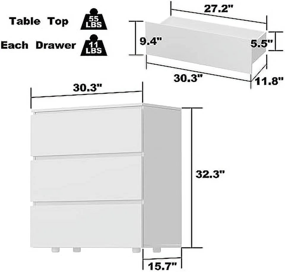 Modern 3-Drawer Wooden Dresser Chest Tower White I400129