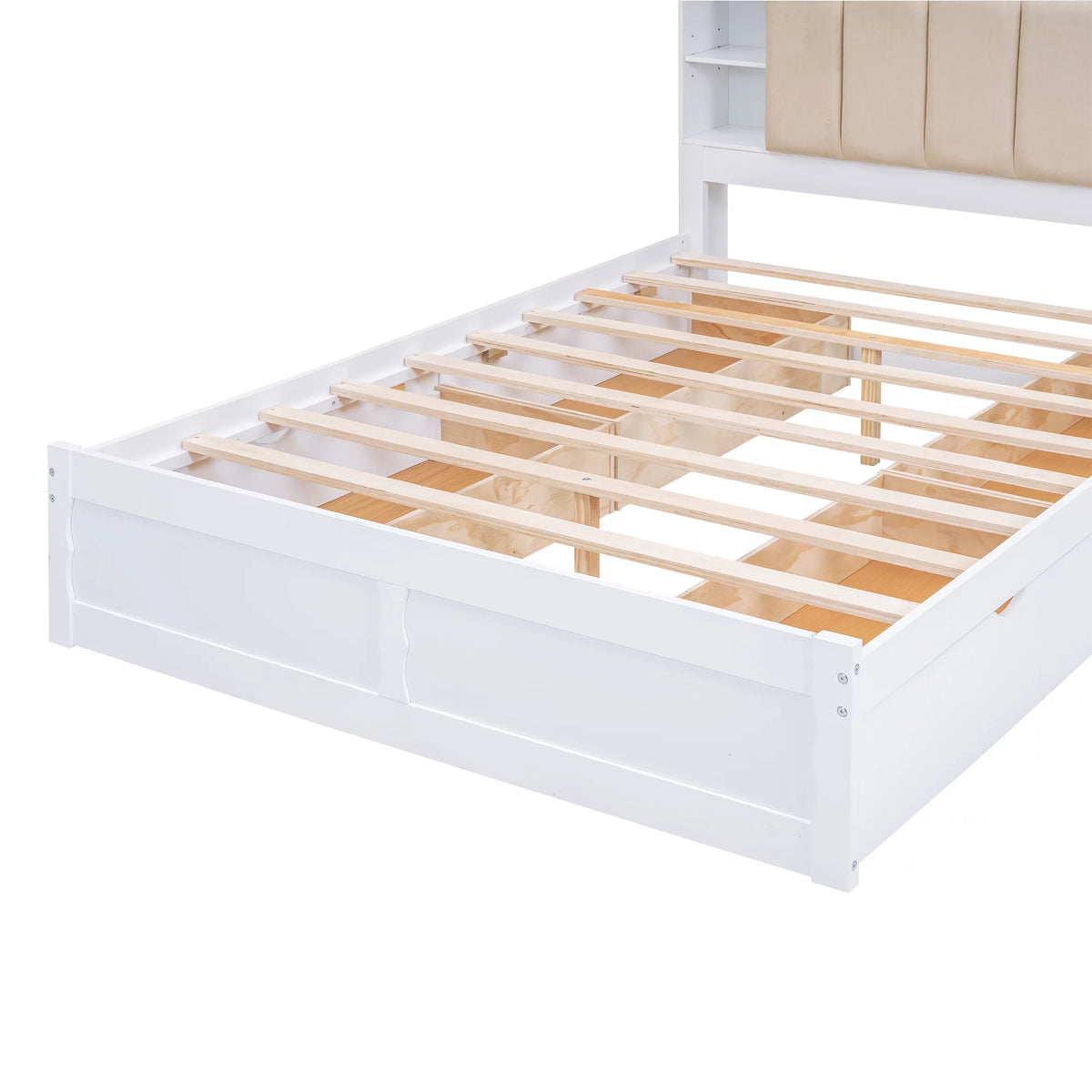 White Wood Queen Size Platform Bed with Storage Headboard and Four Drawers H902534