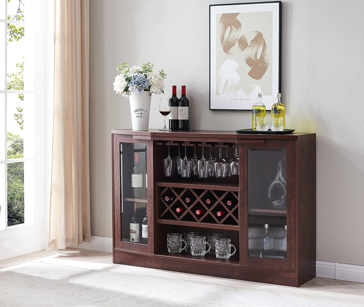 Mahogany Bar Cabinet with Curved Glass Doors G5570