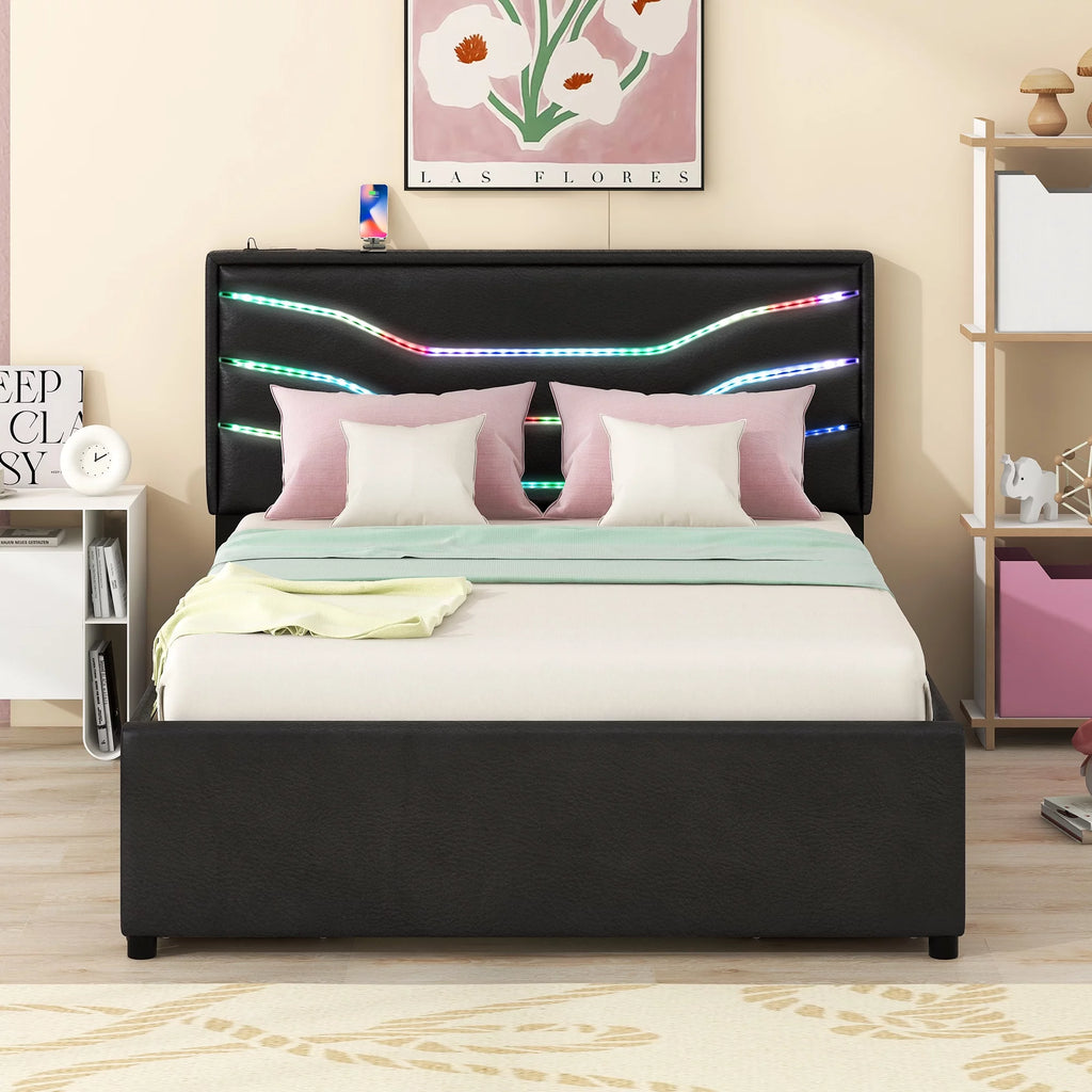 Queen Size Upholstered Storage Platform Bed with Led 4 Drawers USB Charging Black F3151