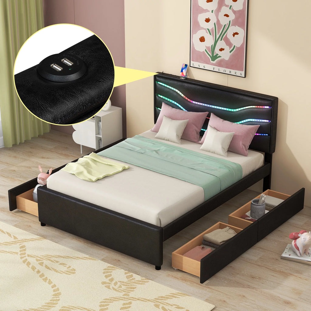 Queen Size Upholstered Storage Platform Bed with Led 4 Drawers USB Charging Black F3151