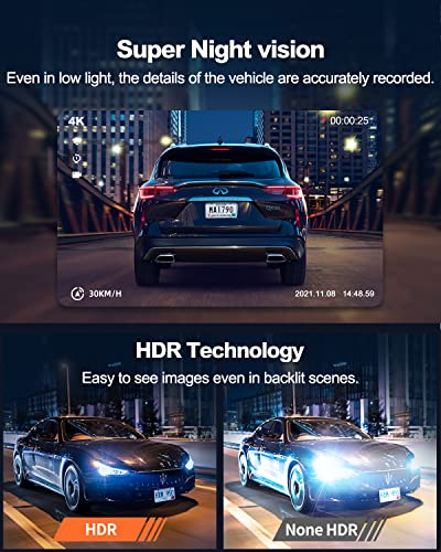 Dual Dash Cam 5G WiFi GPS, 4K+HDR 1080P Front and Rear, 3.3" Screen, Night Vision, Parking Mode, G-Sensor, Support 512GB Max U277