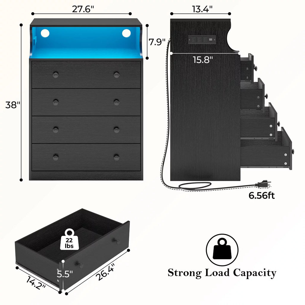 Black 4 Drawer Dresser with LED Lights and Charging Station A5438