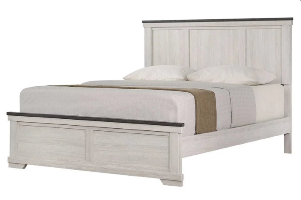 Antique White Brown 5pc King Size Panel Bed Dresser Mirror Nightstand Bedroom Set C47517