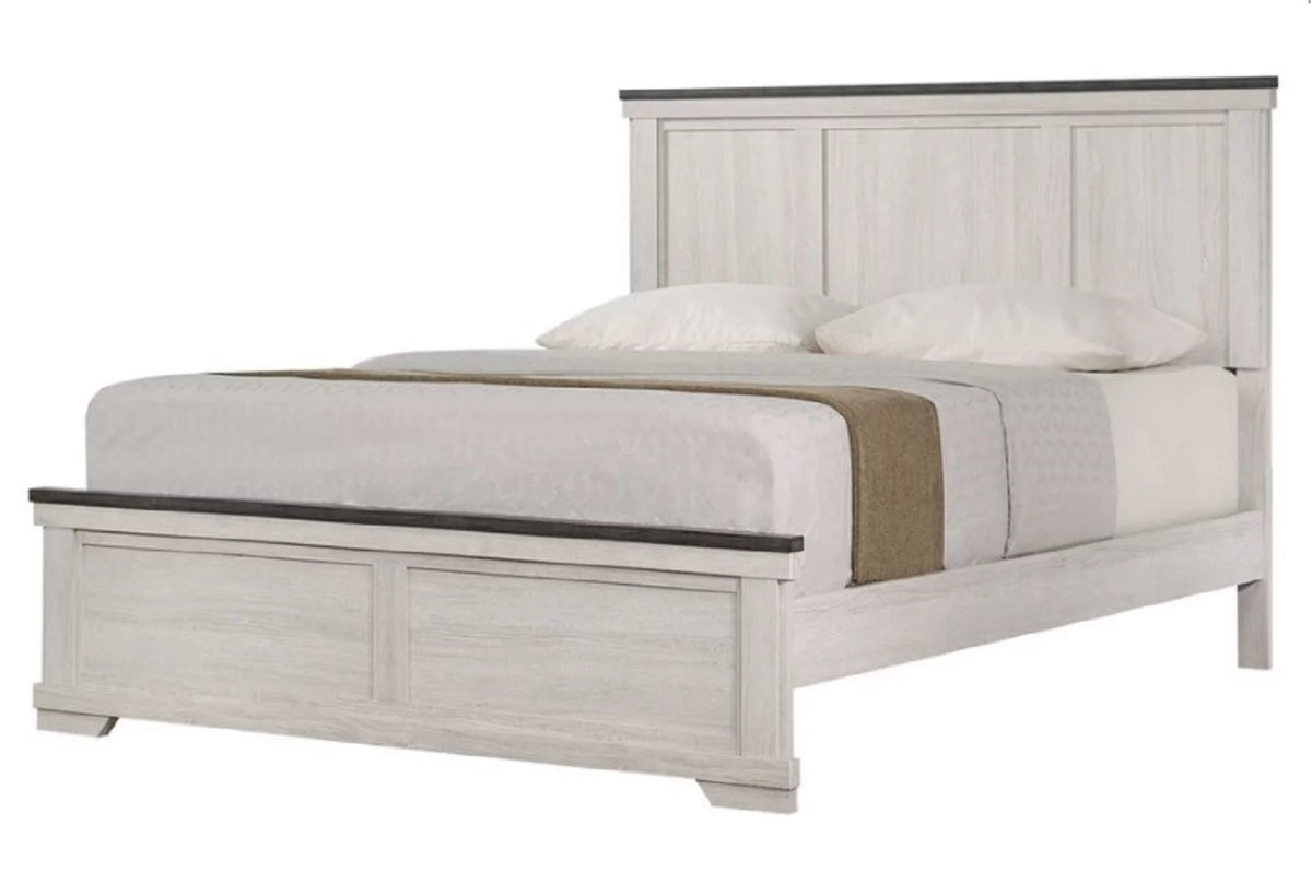 Antique White Brown 5pc King Size Panel Bed Dresser Mirror Nightstand Bedroom Set C47517