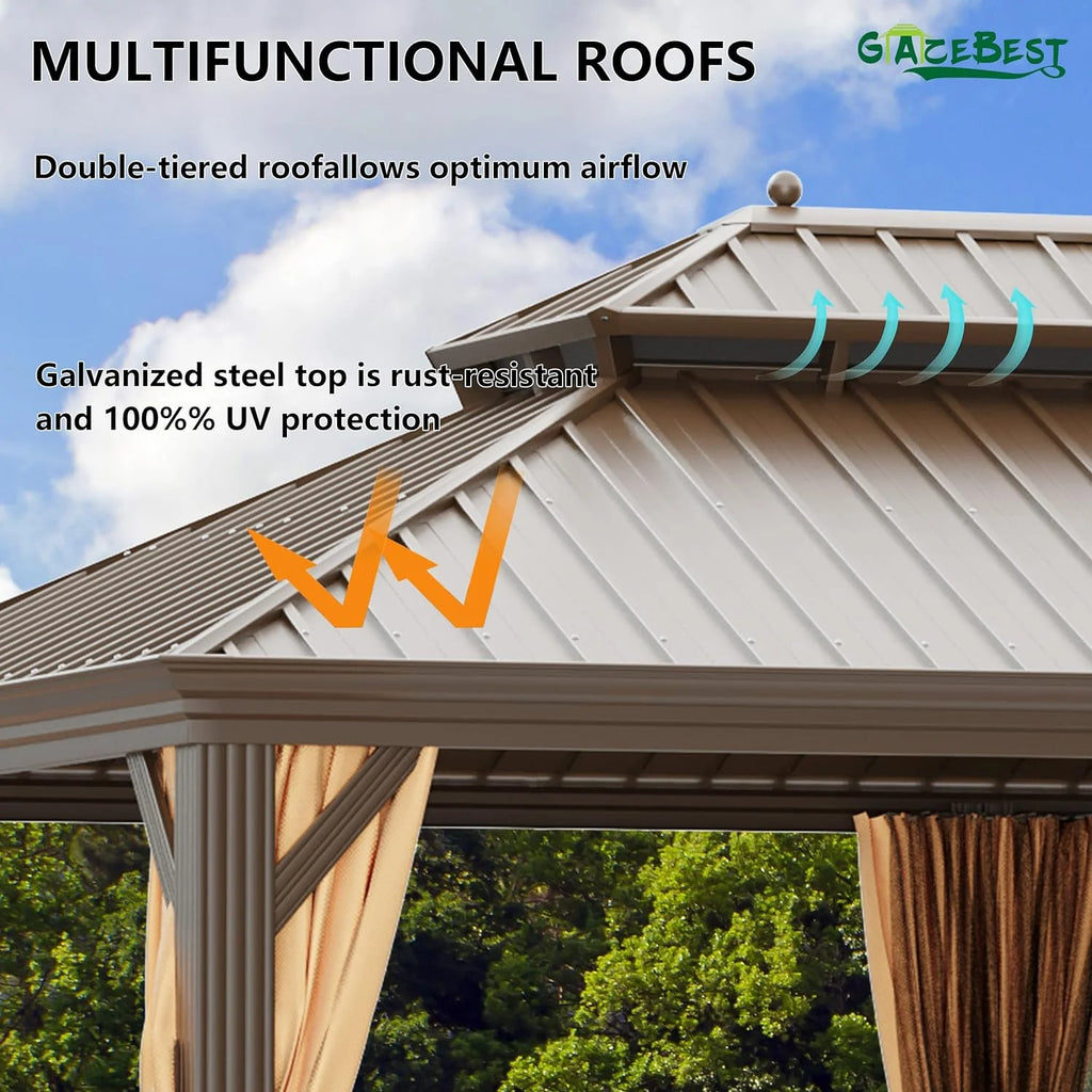 12'x20' Hardtop Aluminum Double Roof Gazebo with Netting and Curtains T76275