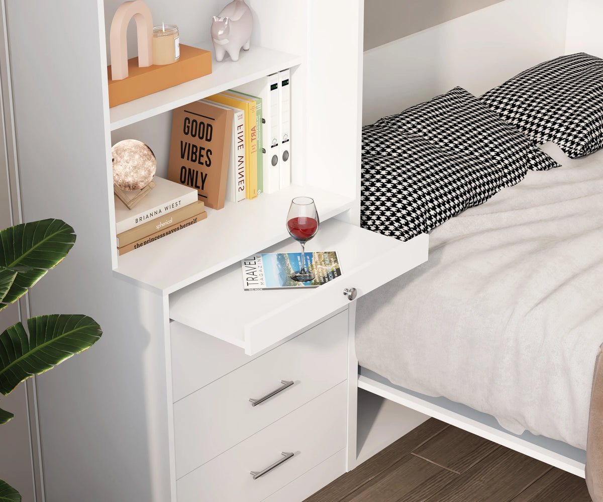 White Full Size Vertical Murphy Bed with Shelf and Drawers D11768