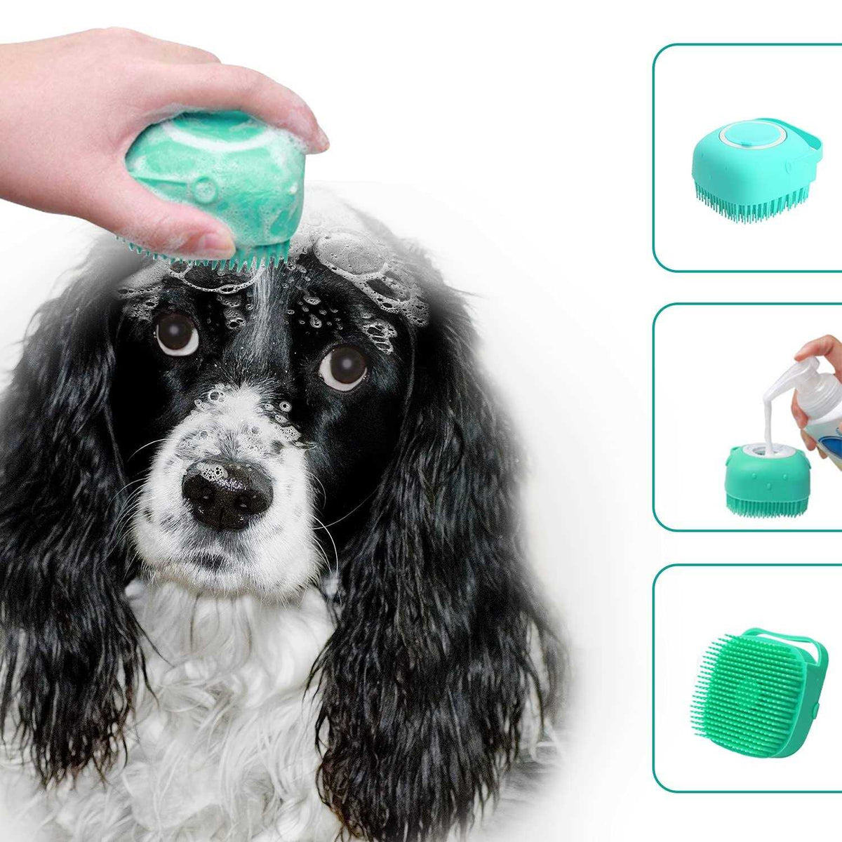Pet Grooming Bath Massage Brush with Soap and Shampoo Dispenser Soft Silicone Bristle J29153