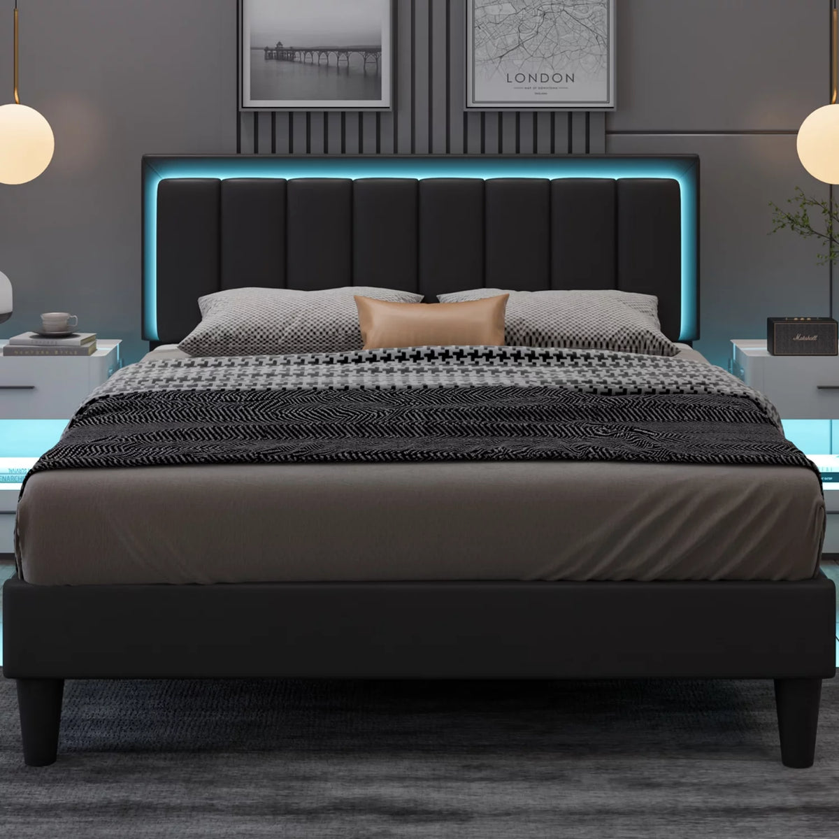 Queen Size LED Upholstered Platform Bed Frame B290707