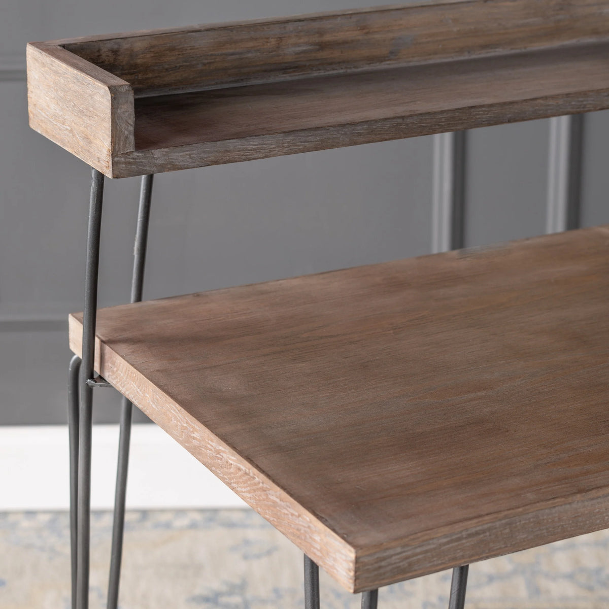 2 Tier Brown Fir Wood and Metal Desk O334