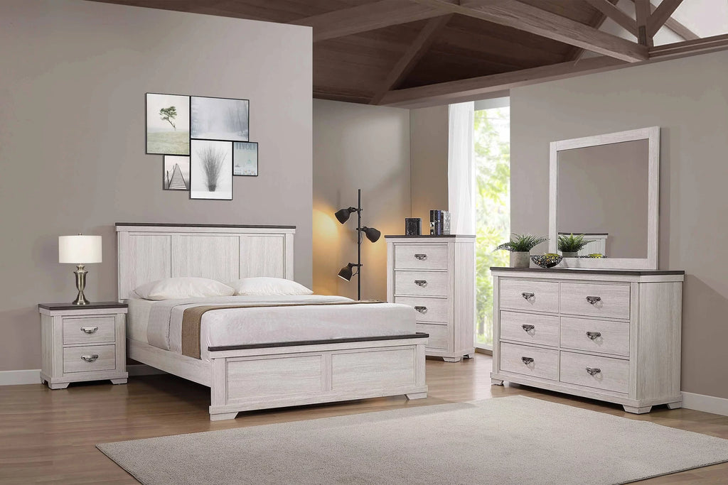 Antique White Brown 5pc King Size Panel Bed Dresser Mirror Nightstand Bedroom Set C47517