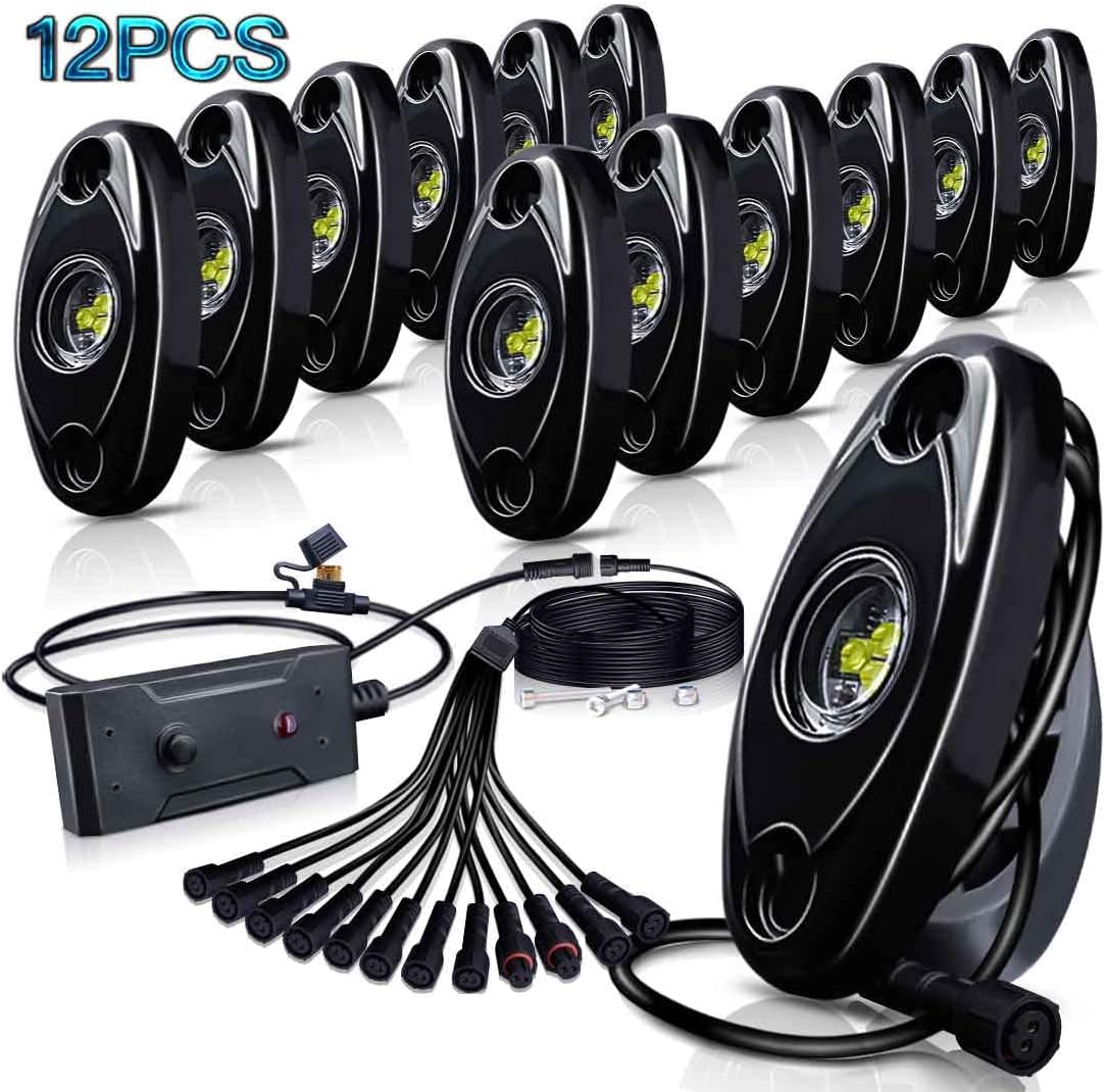 White 12Pods LED Rock Lights Kit with Switch Wire Harness U758