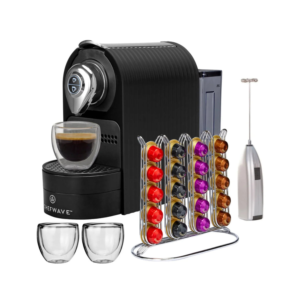 Black Espresso Machine with Cups and Milk Frother J534