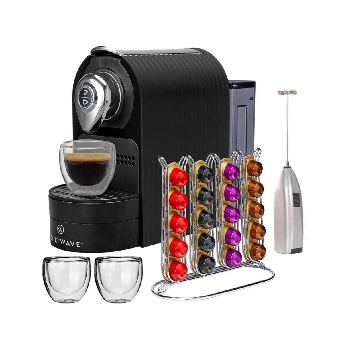 Black Espresso Machine with Cups and Milk Frother J534