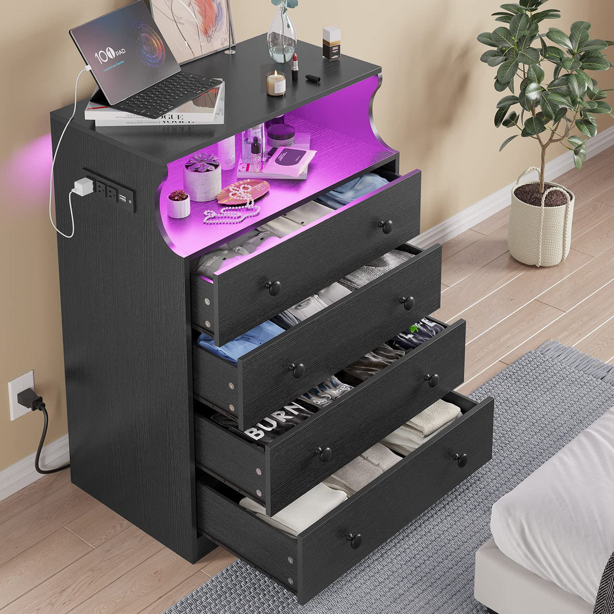 Black 4 Drawer Dresser with LED Lights and Charging Station A5438