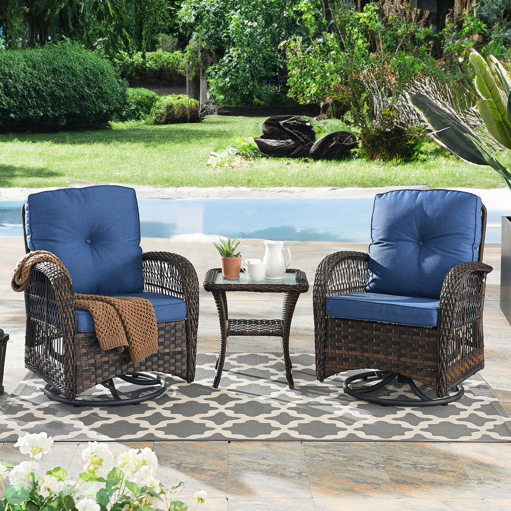 Brown Rattan Wicker 3-Piece Outdoor Swivel Glider Set with Blue Cushion O6432