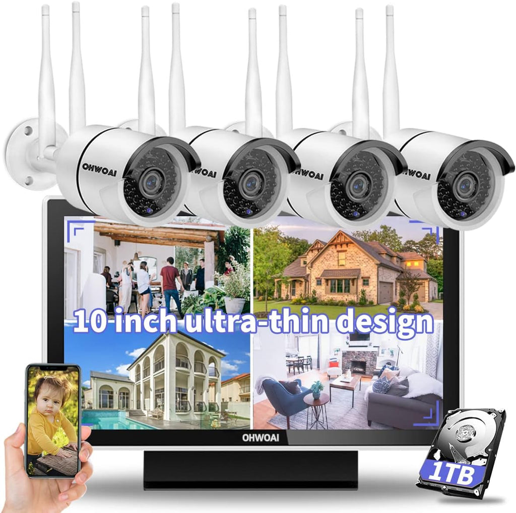 Wireless Security Camera System with 10 HD Screen, 4Pcs WiFi IP Cameras Q904636