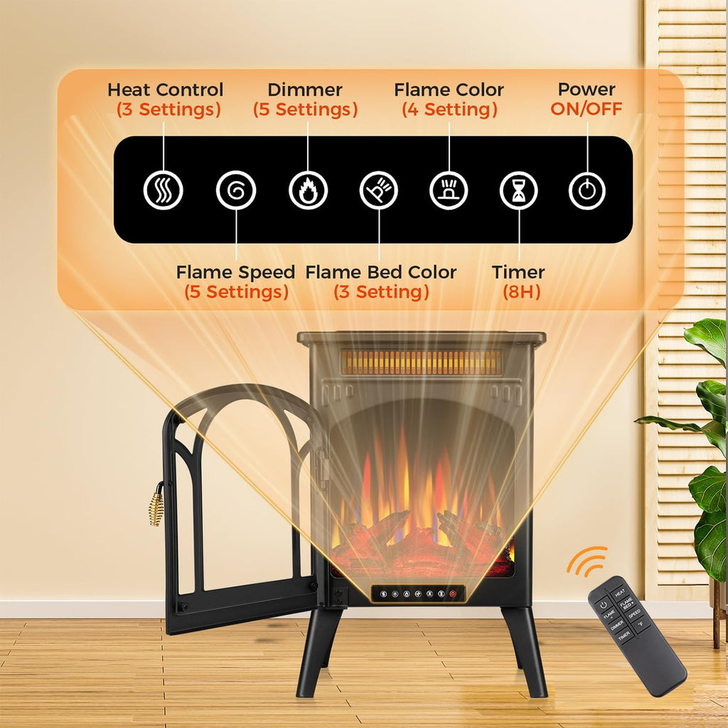 Electric Fireplace Stove, 1500W, 17" Infrared Heater, Remote Control, 8H Timer B360727