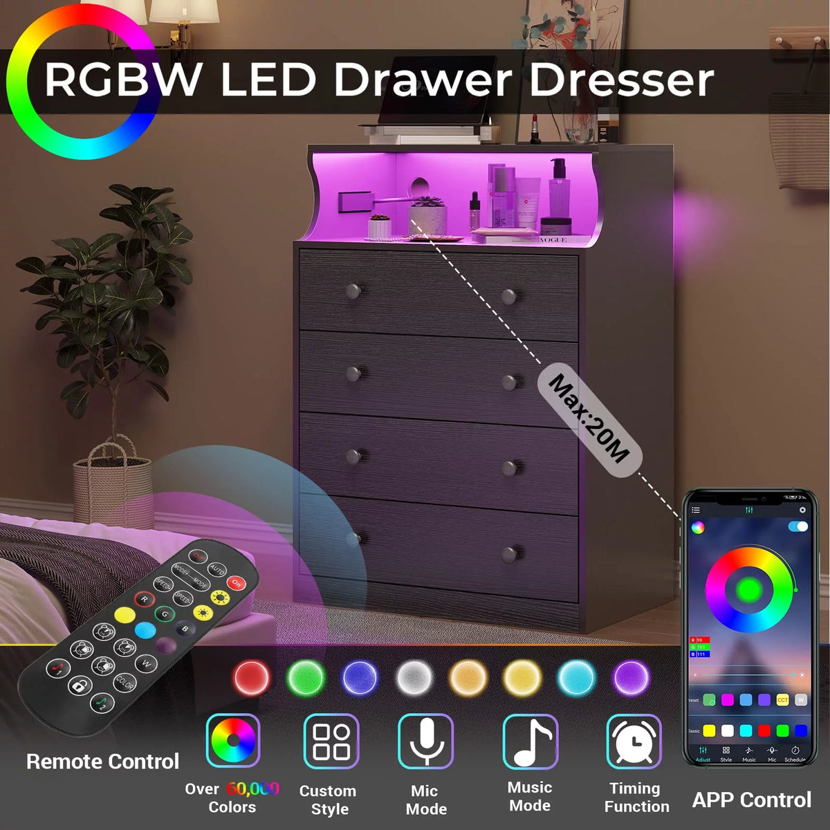 Black 4 Drawer Dresser with LED Lights and Charging Station A5438
