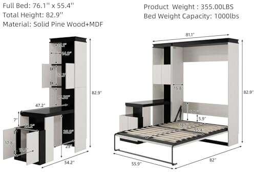 White Wood Full Murphy Bed with Desk and Storage Shelves K699845