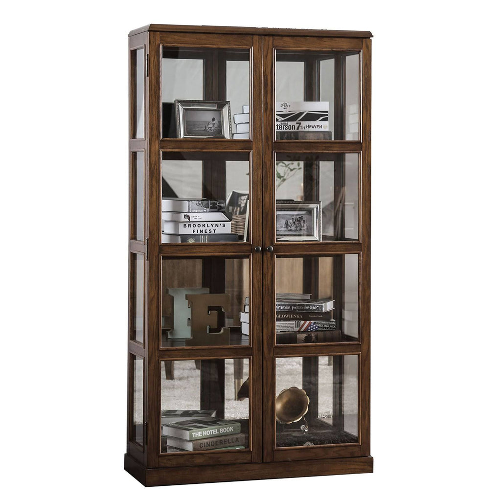 Transitional Wooden Curio Cabinet with Two Glass Doors and Four Shelves Oak Brown H1726