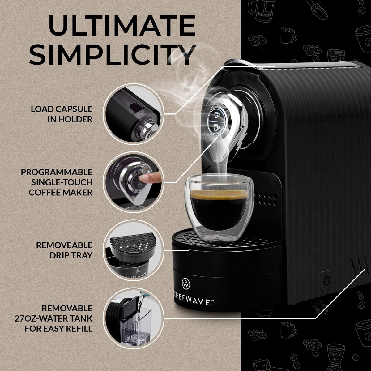 Black Espresso Machine with Cups and Milk Frother J534