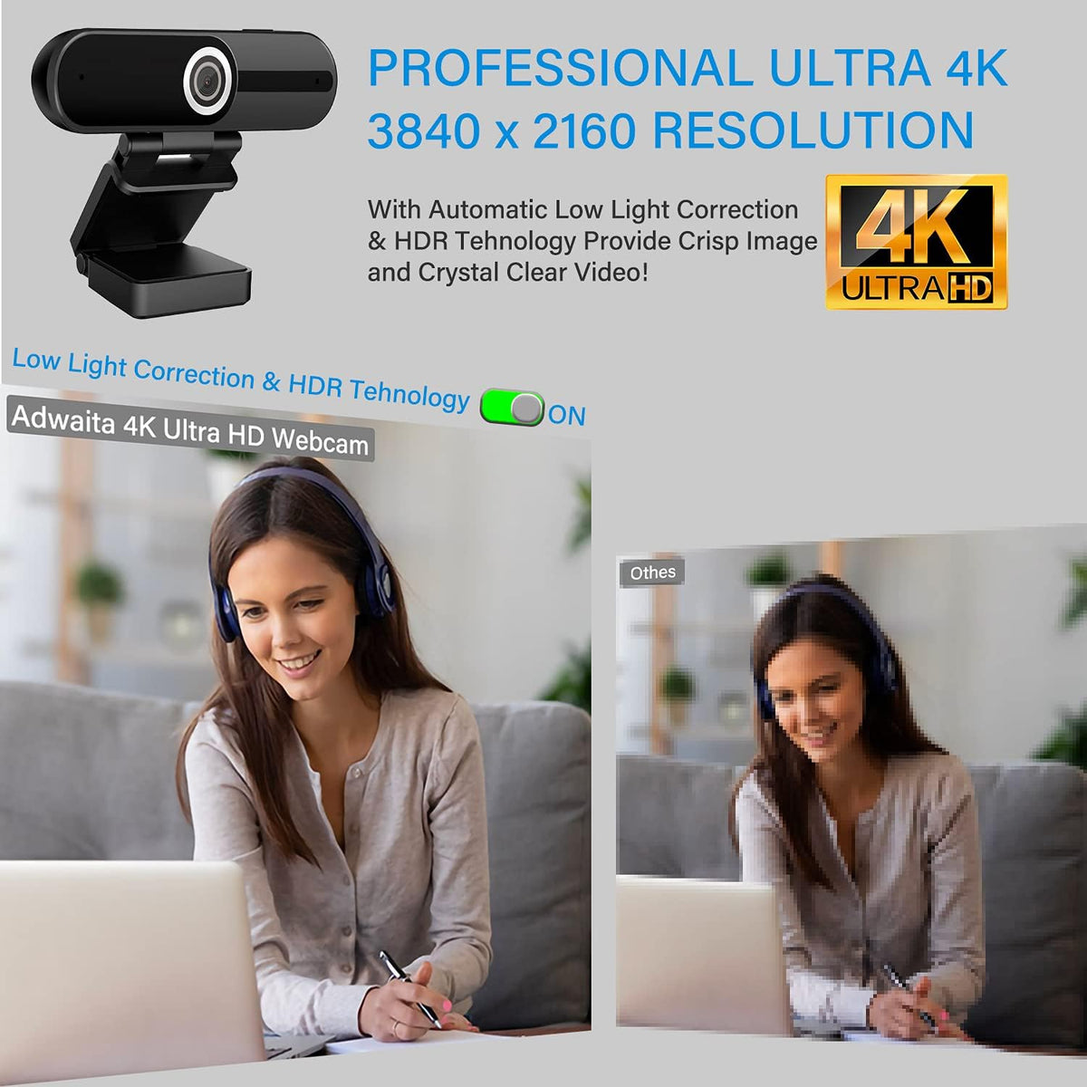 4K Webcam with Microphone 8MP USB 1080P Privacy Cover Mini Tripod Pack of 2 X182