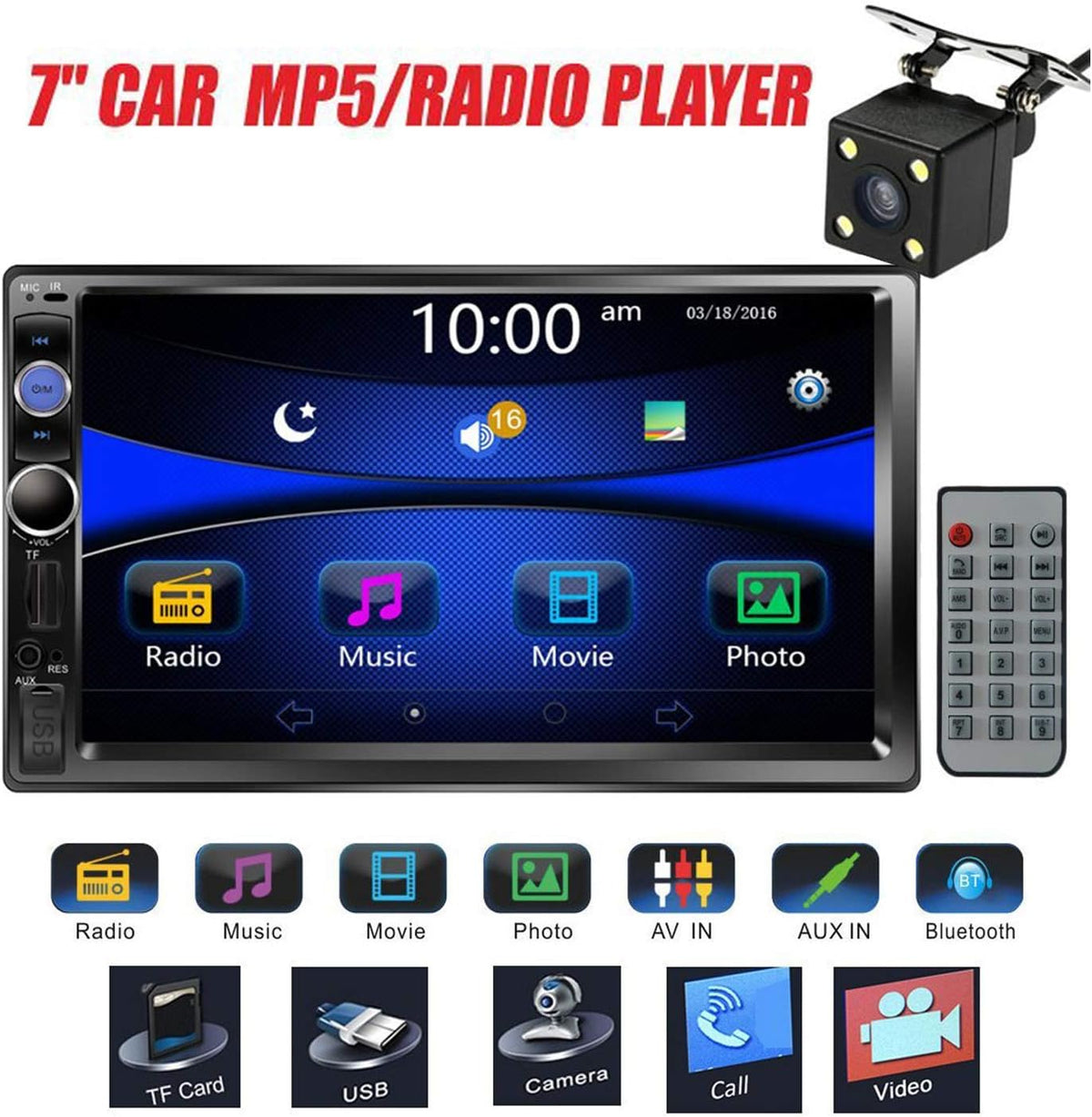Double Din 7 Touchscreen Car Stereo with Bluetooth FM AM Radio MP3 USB AUX Rear View Camera W498